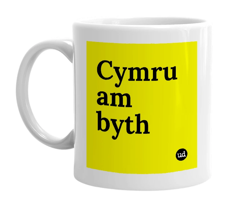 White mug with 'Cymru am byth' in bold black letters