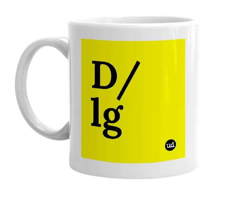 White mug with 'D/lg' in bold black letters