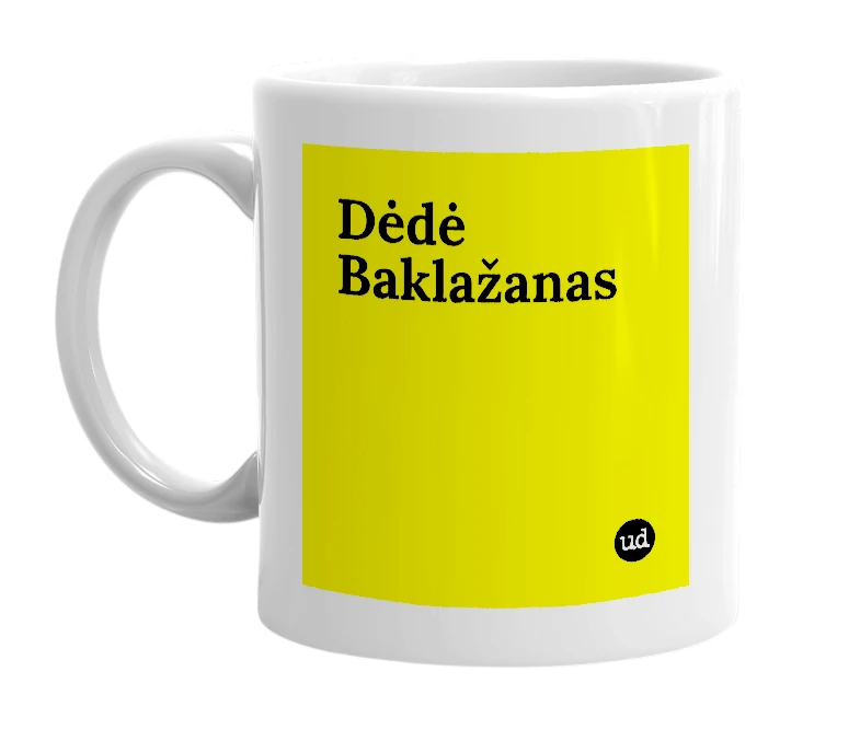 White mug with 'Dėdė Baklažanas' in bold black letters