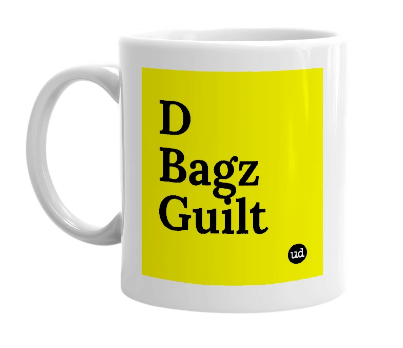 White mug with 'D Bagz Guilt' in bold black letters