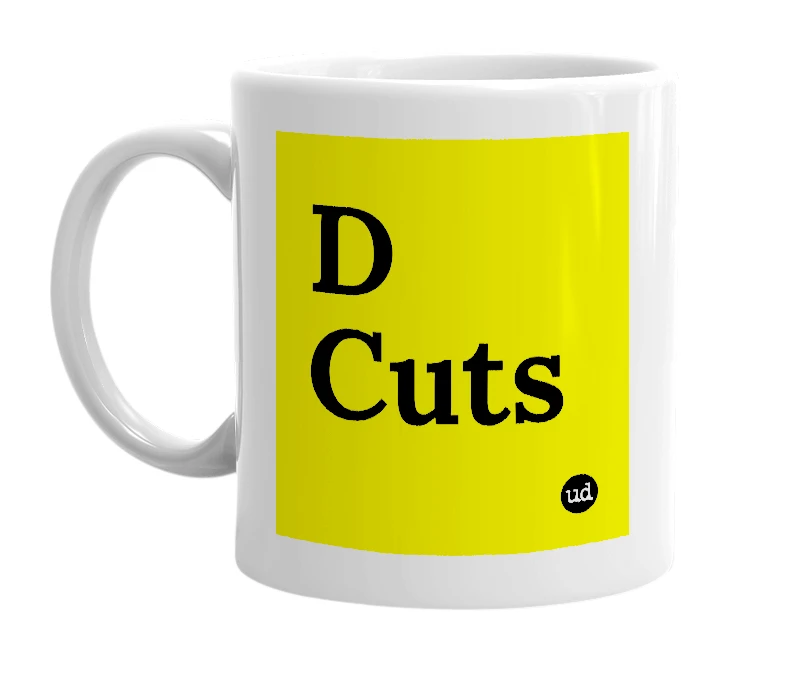 White mug with 'D Cuts' in bold black letters