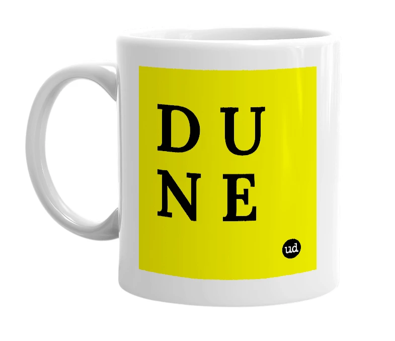 White mug with 'D U N E' in bold black letters