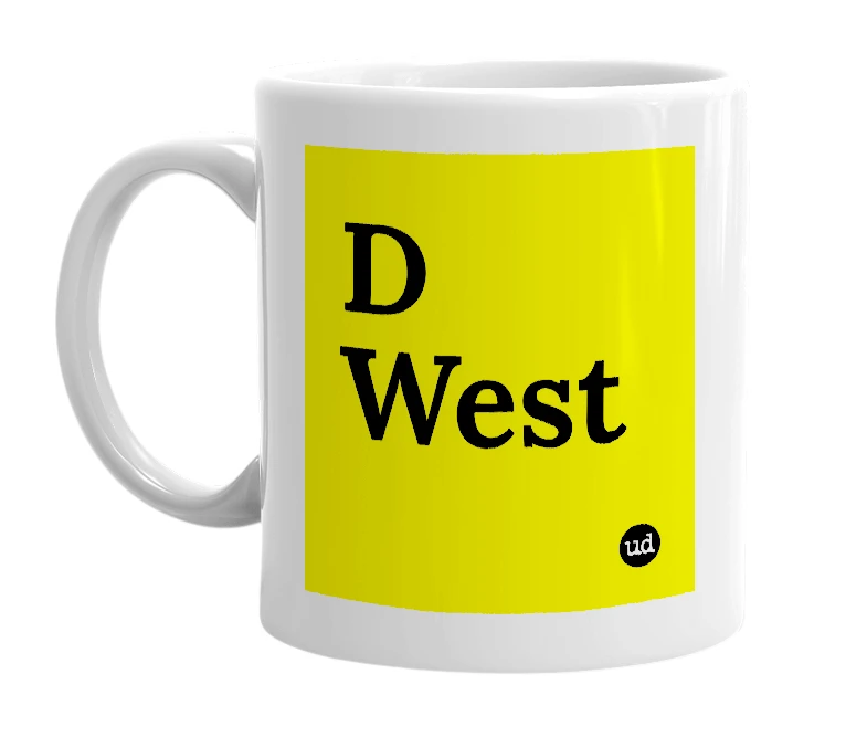 White mug with 'D West' in bold black letters