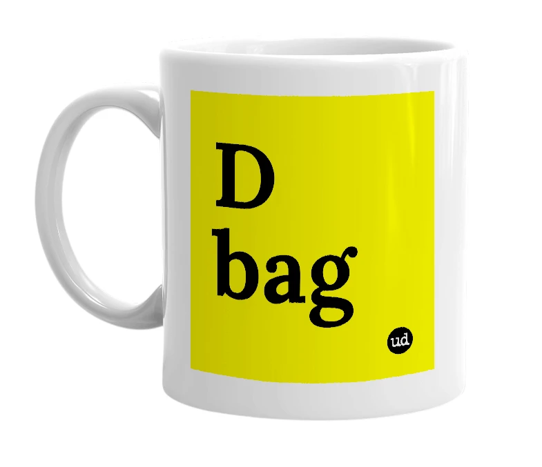 White mug with 'D bag' in bold black letters