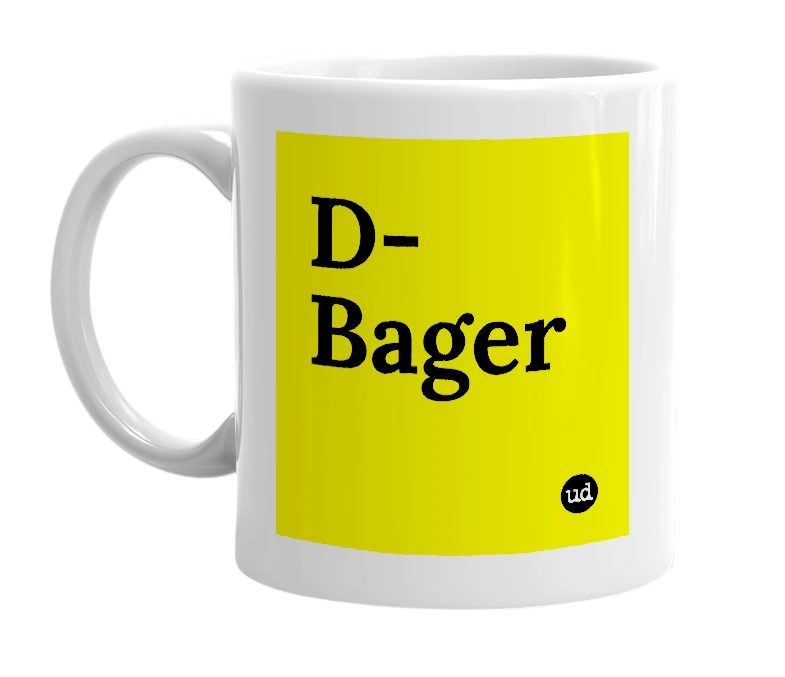 White mug with 'D-Bager' in bold black letters
