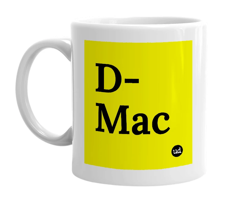 White mug with 'D-Mac' in bold black letters