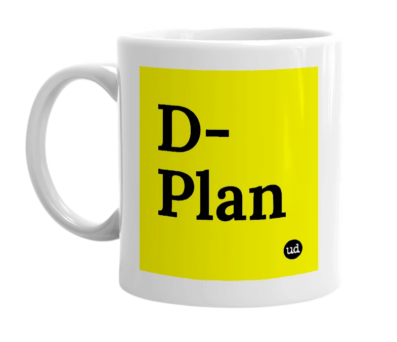 White mug with 'D-Plan' in bold black letters