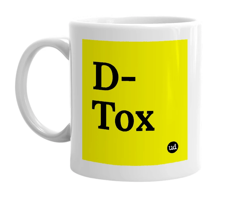 White mug with 'D-Tox' in bold black letters