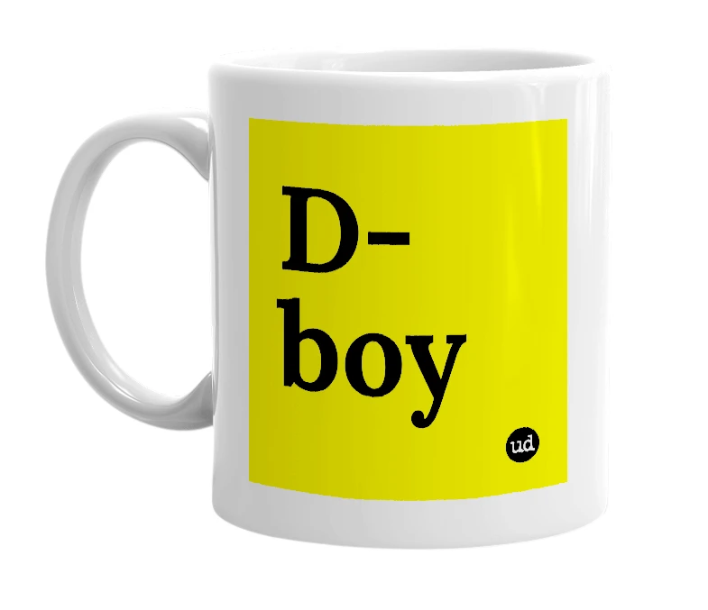 White mug with 'D-boy' in bold black letters