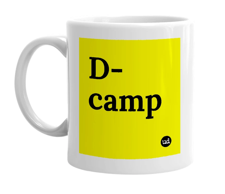 White mug with 'D-camp' in bold black letters