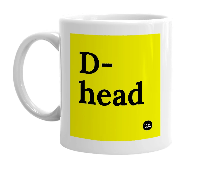 White mug with 'D-head' in bold black letters