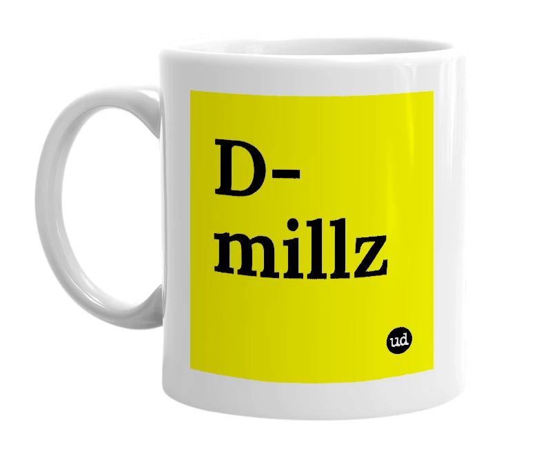 White mug with 'D-millz' in bold black letters