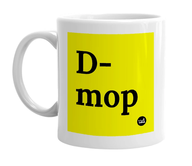 White mug with 'D-mop' in bold black letters