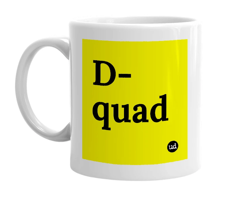 White mug with 'D-quad' in bold black letters