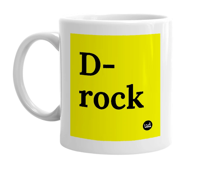 White mug with 'D-rock' in bold black letters