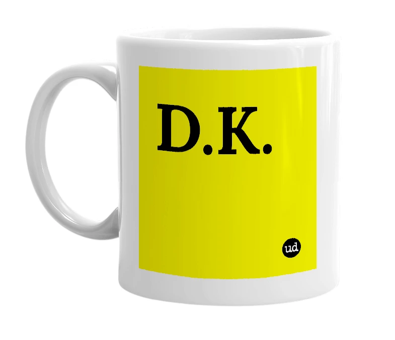 White mug with 'D.K.' in bold black letters