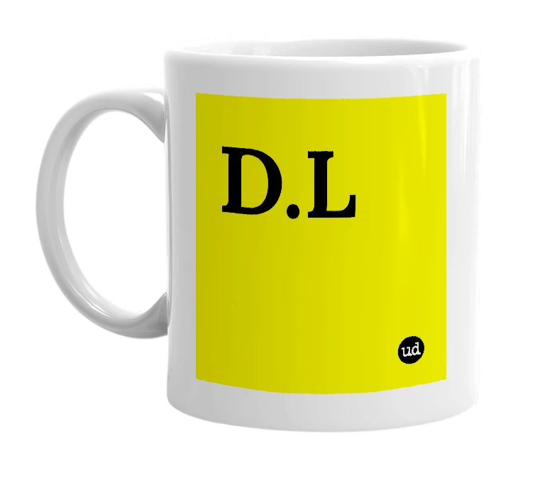 White mug with 'D.L' in bold black letters