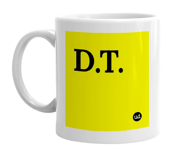 White mug with 'D.T.' in bold black letters