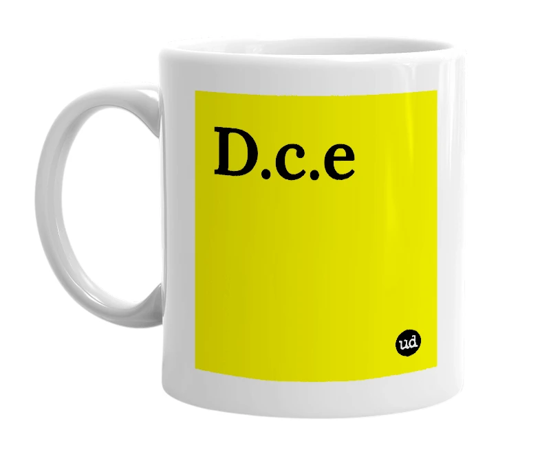 White mug with 'D.c.e' in bold black letters