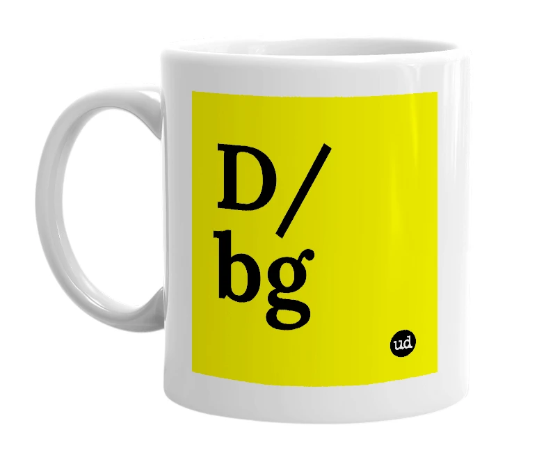 White mug with 'D/bg' in bold black letters
