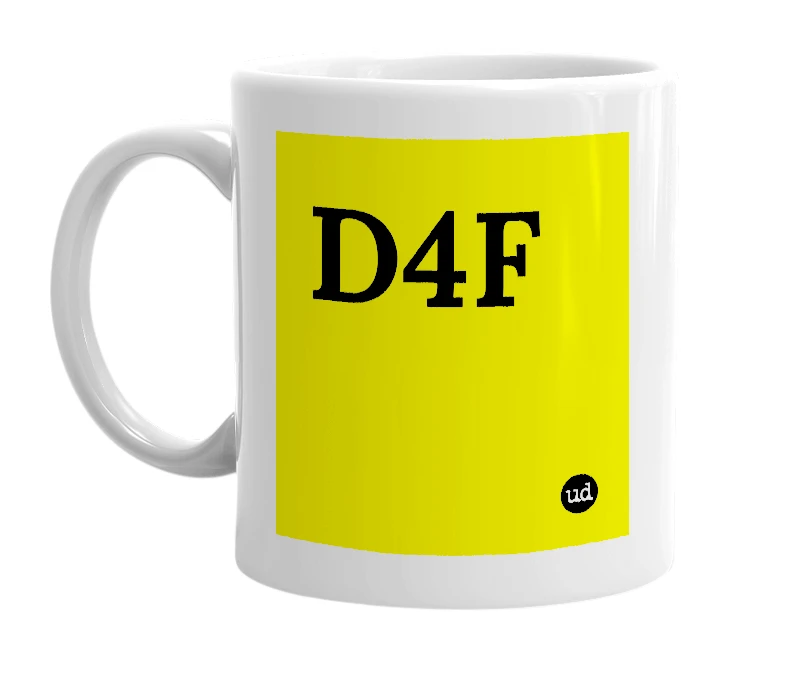 White mug with 'D4F' in bold black letters