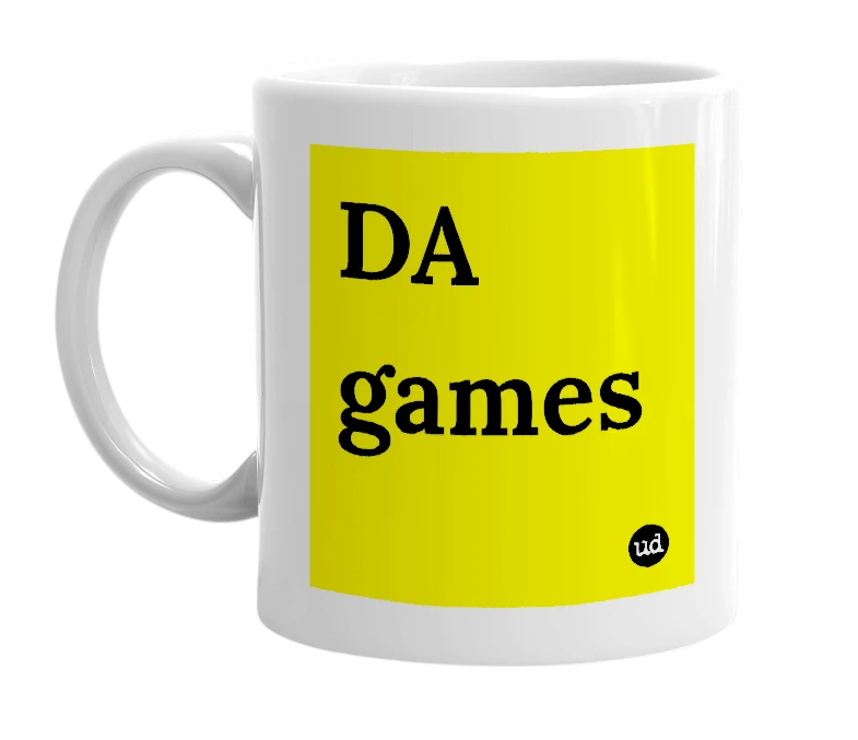 White mug with 'DA games' in bold black letters