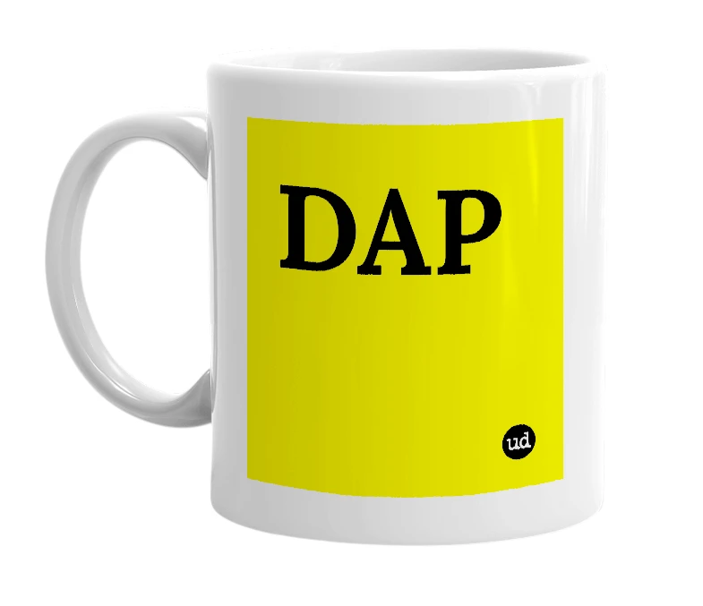 White mug with 'DAP' in bold black letters