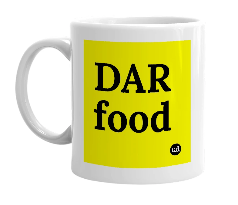 White mug with 'DAR food' in bold black letters