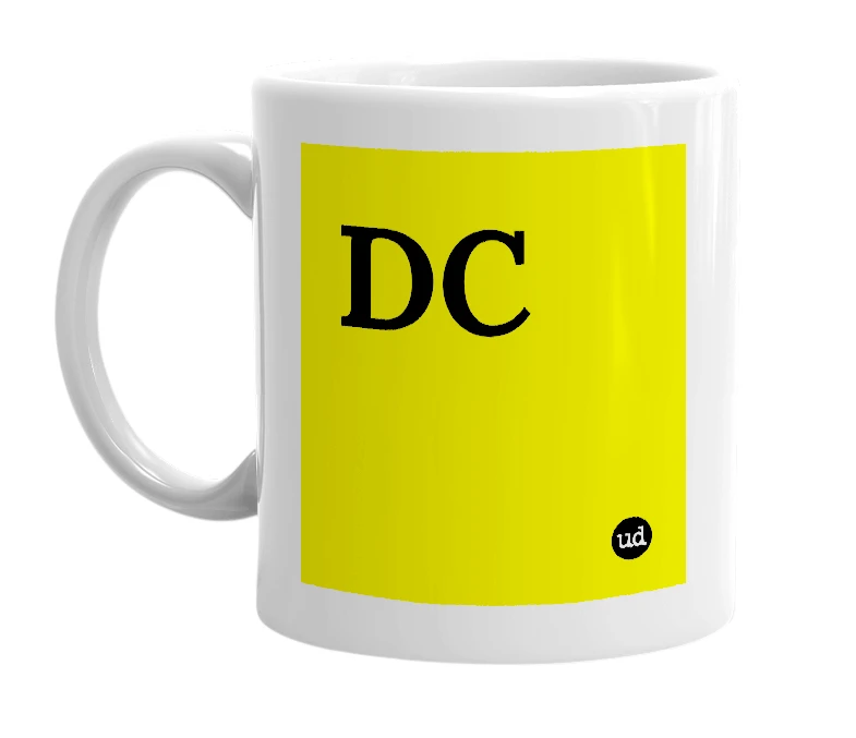 White mug with 'DC' in bold black letters