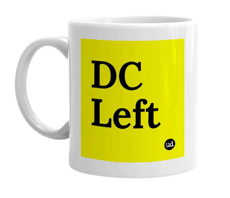 White mug with 'DC Left' in bold black letters