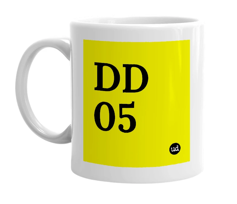 White mug with 'DD 05' in bold black letters