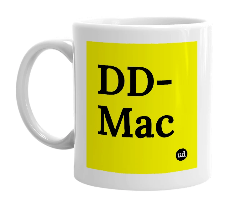 White mug with 'DD-Mac' in bold black letters