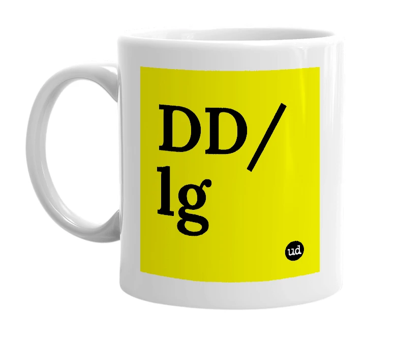 White mug with 'DD/lg' in bold black letters