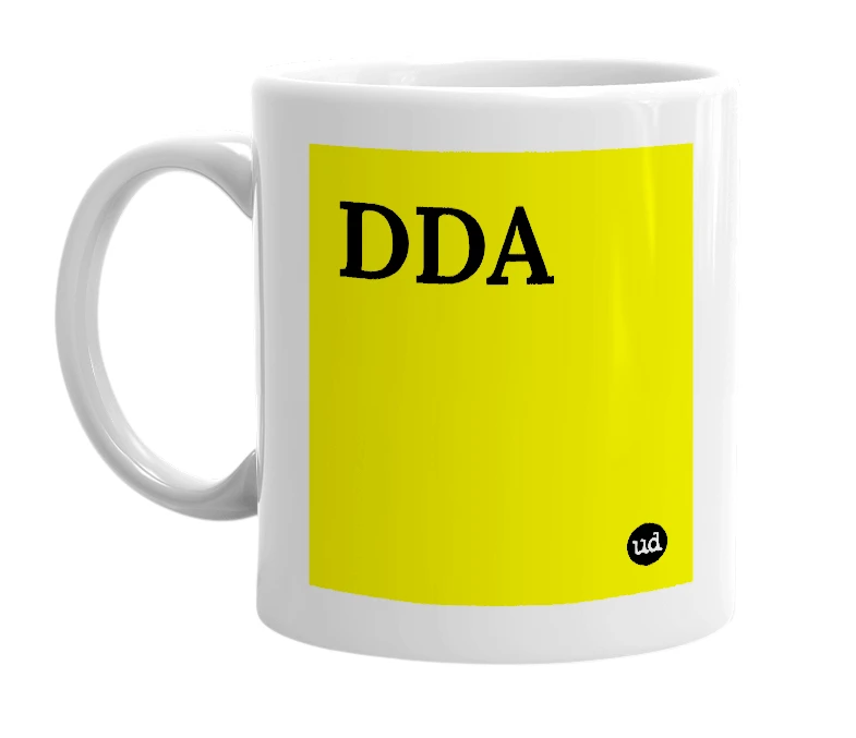 White mug with 'DDA' in bold black letters