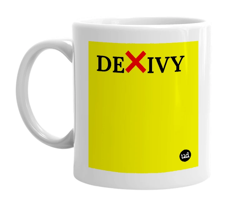 White mug with 'DE❌IVY' in bold black letters