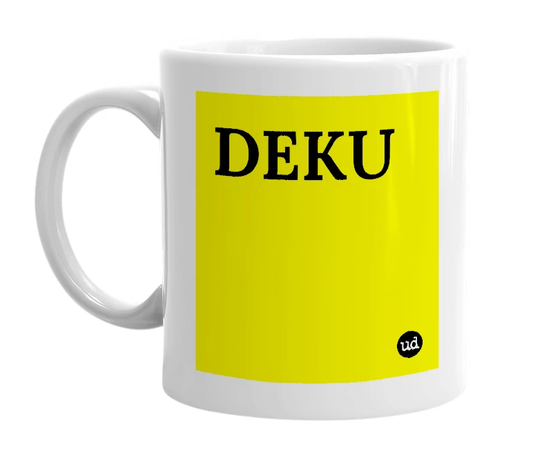 White mug with 'DEKU' in bold black letters
