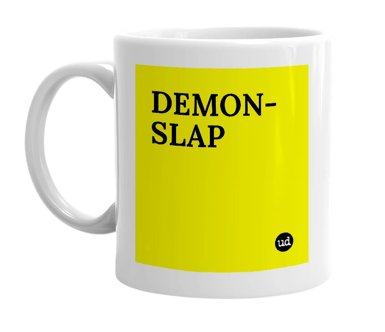 White mug with 'DEMON-SLAP' in bold black letters