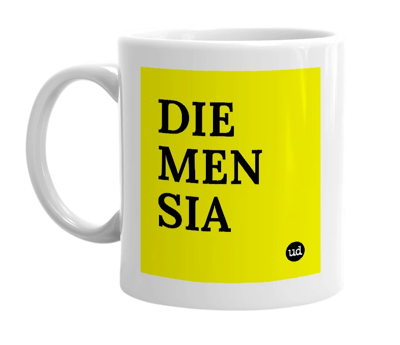 White mug with 'DIE MEN SIA' in bold black letters