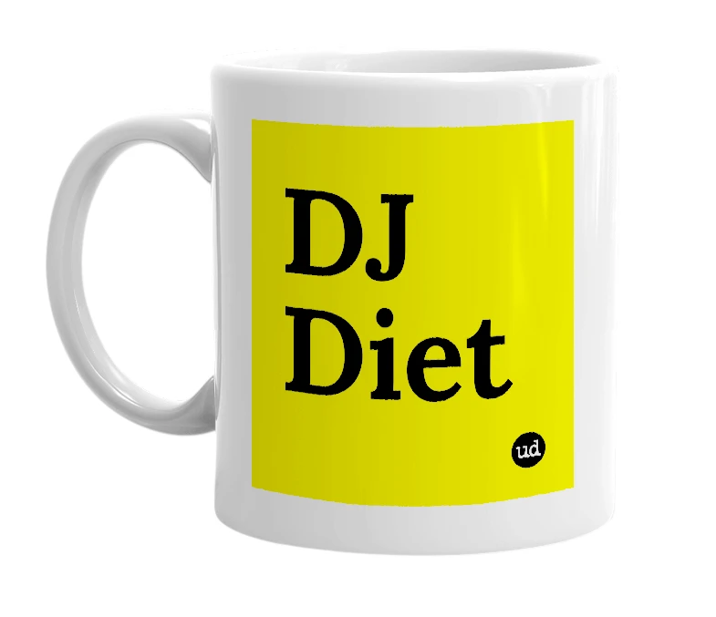 White mug with 'DJ Diet' in bold black letters