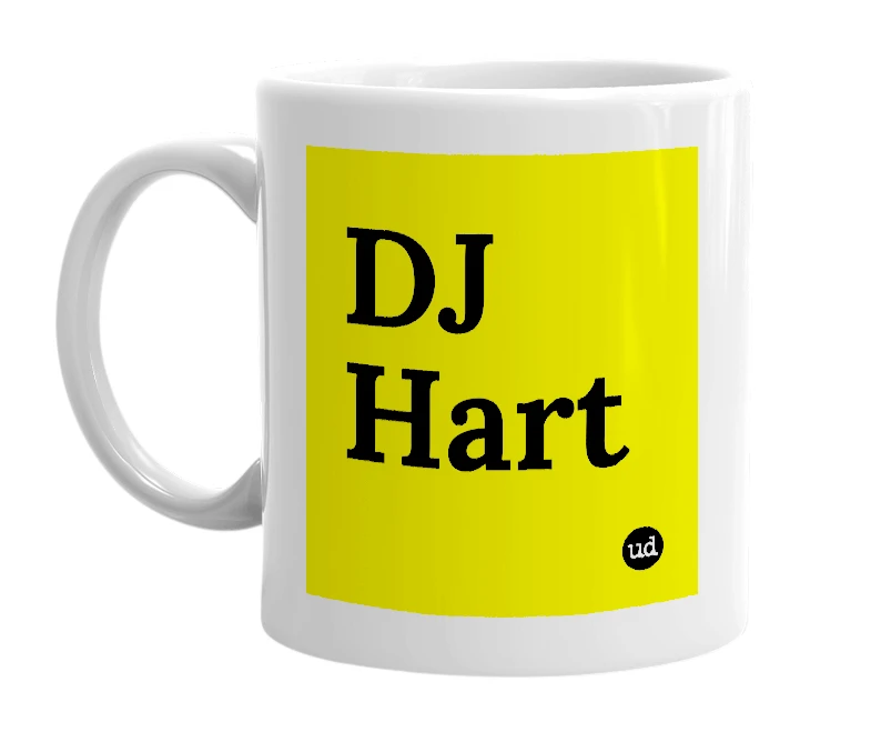White mug with 'DJ Hart' in bold black letters