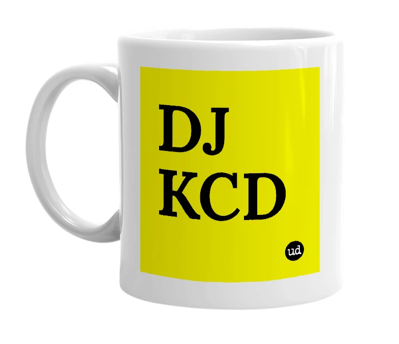 White mug with 'DJ KCD' in bold black letters