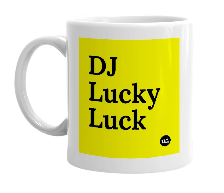 White mug with 'DJ Lucky Luck' in bold black letters