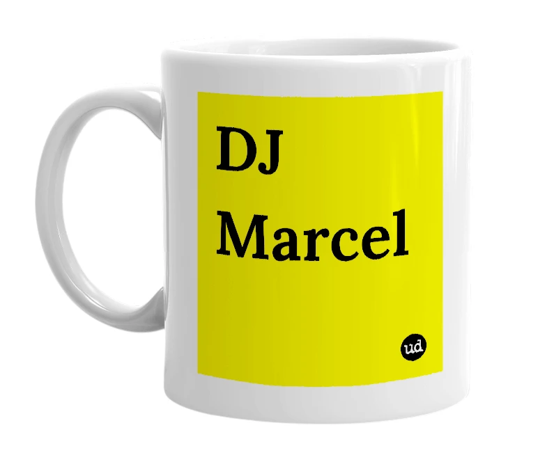 White mug with 'DJ Marcel' in bold black letters