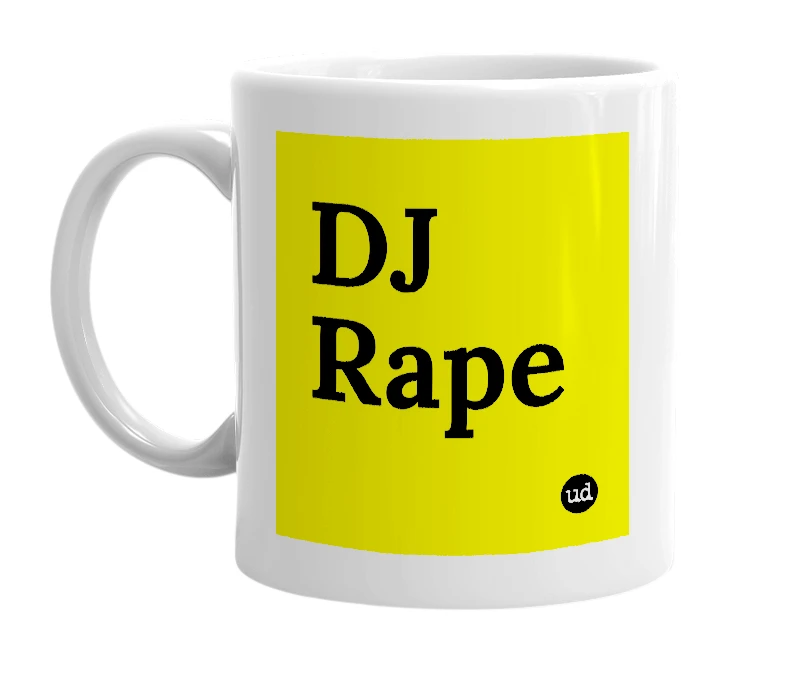 White mug with 'DJ Rape' in bold black letters