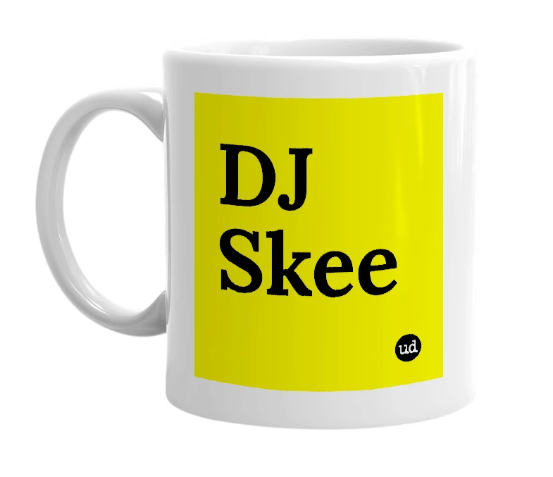 White mug with 'DJ Skee' in bold black letters