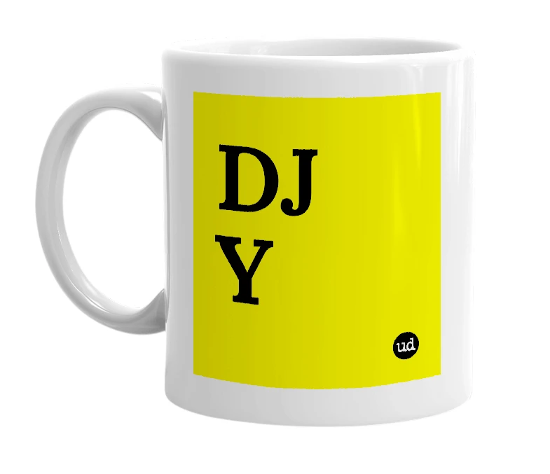 White mug with 'DJ Y' in bold black letters