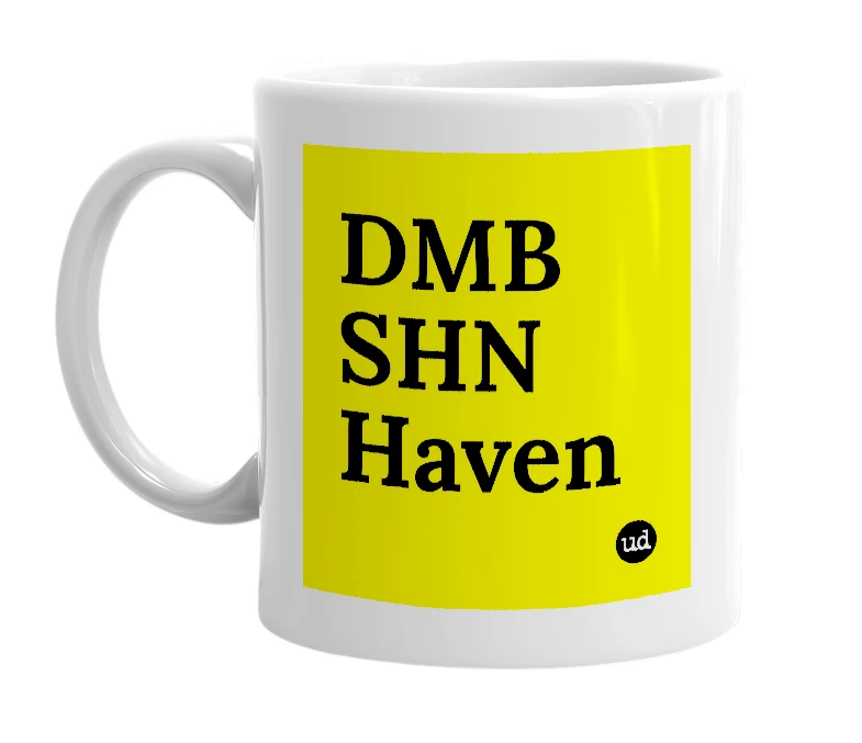 White mug with 'DMB SHN Haven' in bold black letters