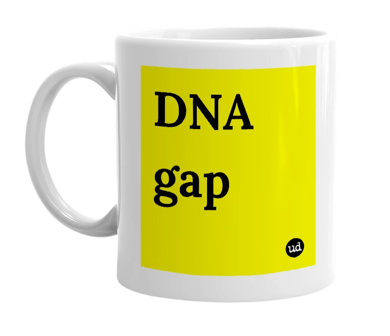 White mug with 'DNA gap' in bold black letters