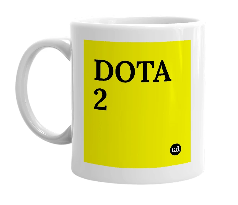 White mug with 'DOTA 2' in bold black letters