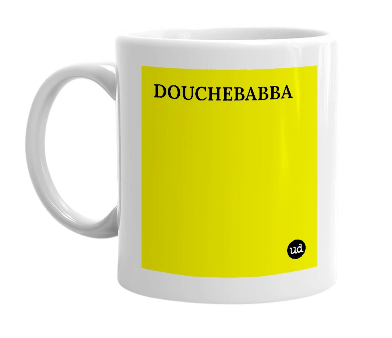 White mug with 'DOUCHEBABBA' in bold black letters